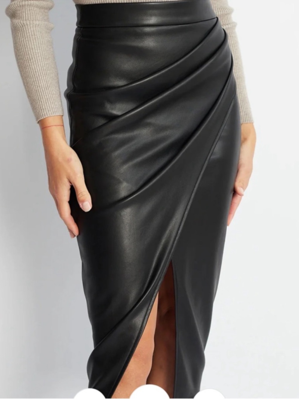 Commense Black Faux Leather Pencil Skirt with Front Slit